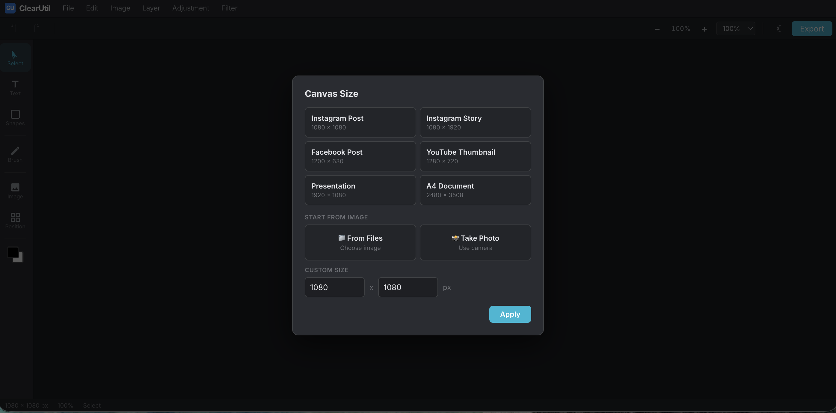 ClearUtil Image Editor canvas size modal showing Instagram Post 1080x1080 preset selected