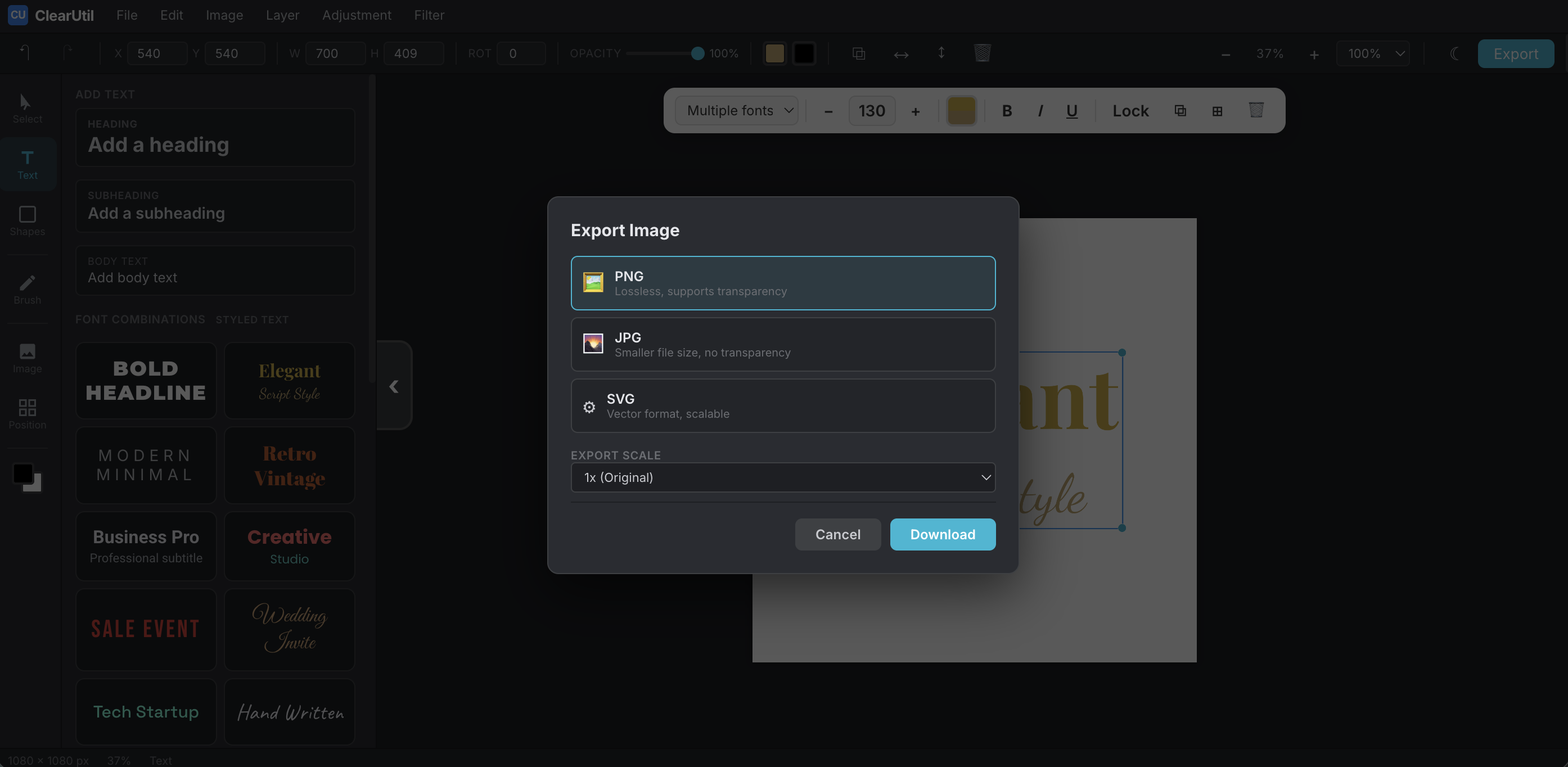 ClearUtil Image Editor export modal with PNG format selected for Instagram post download