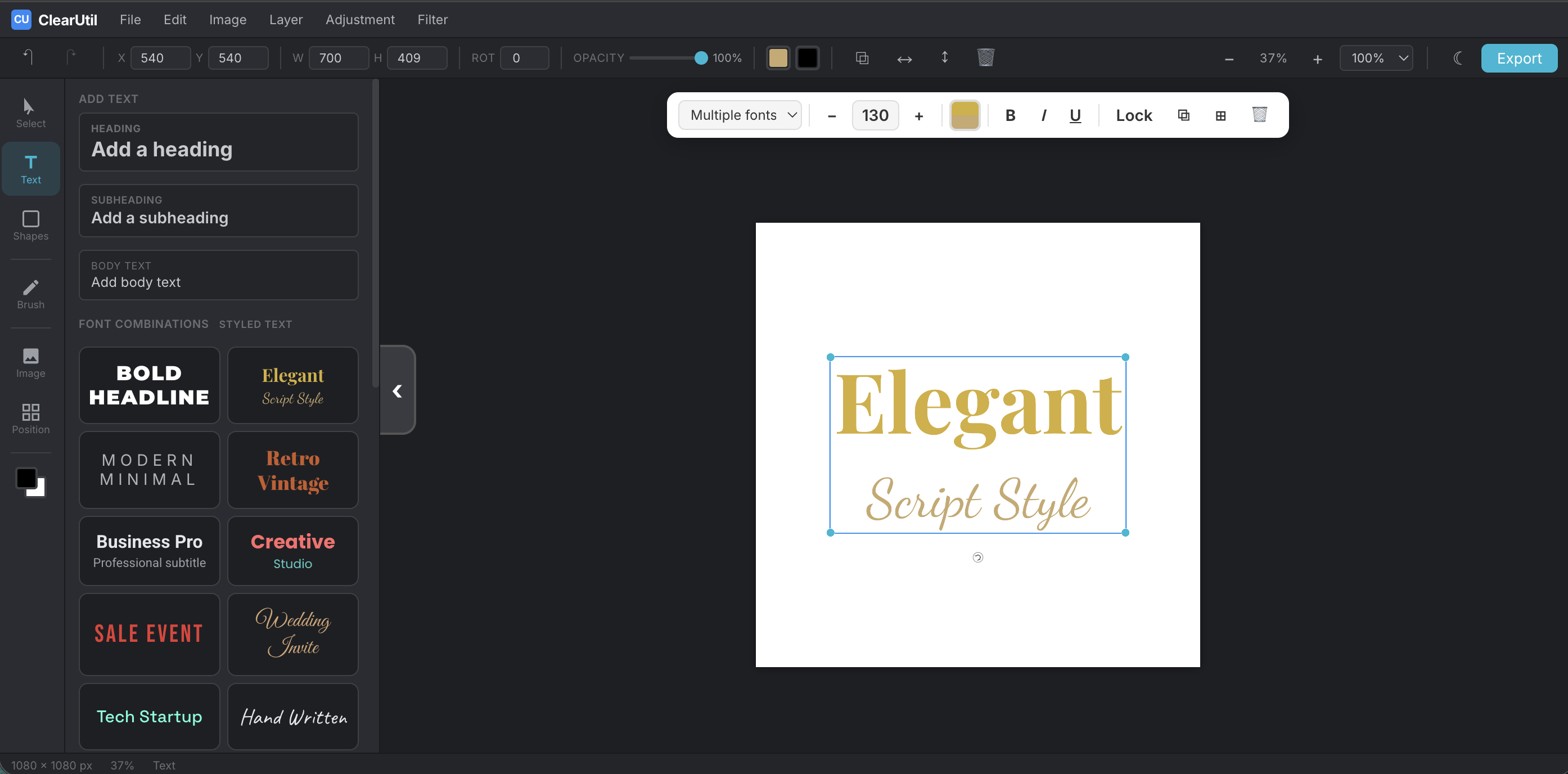 ClearUtil Image Editor with styled font combination text added to Instagram post canvas